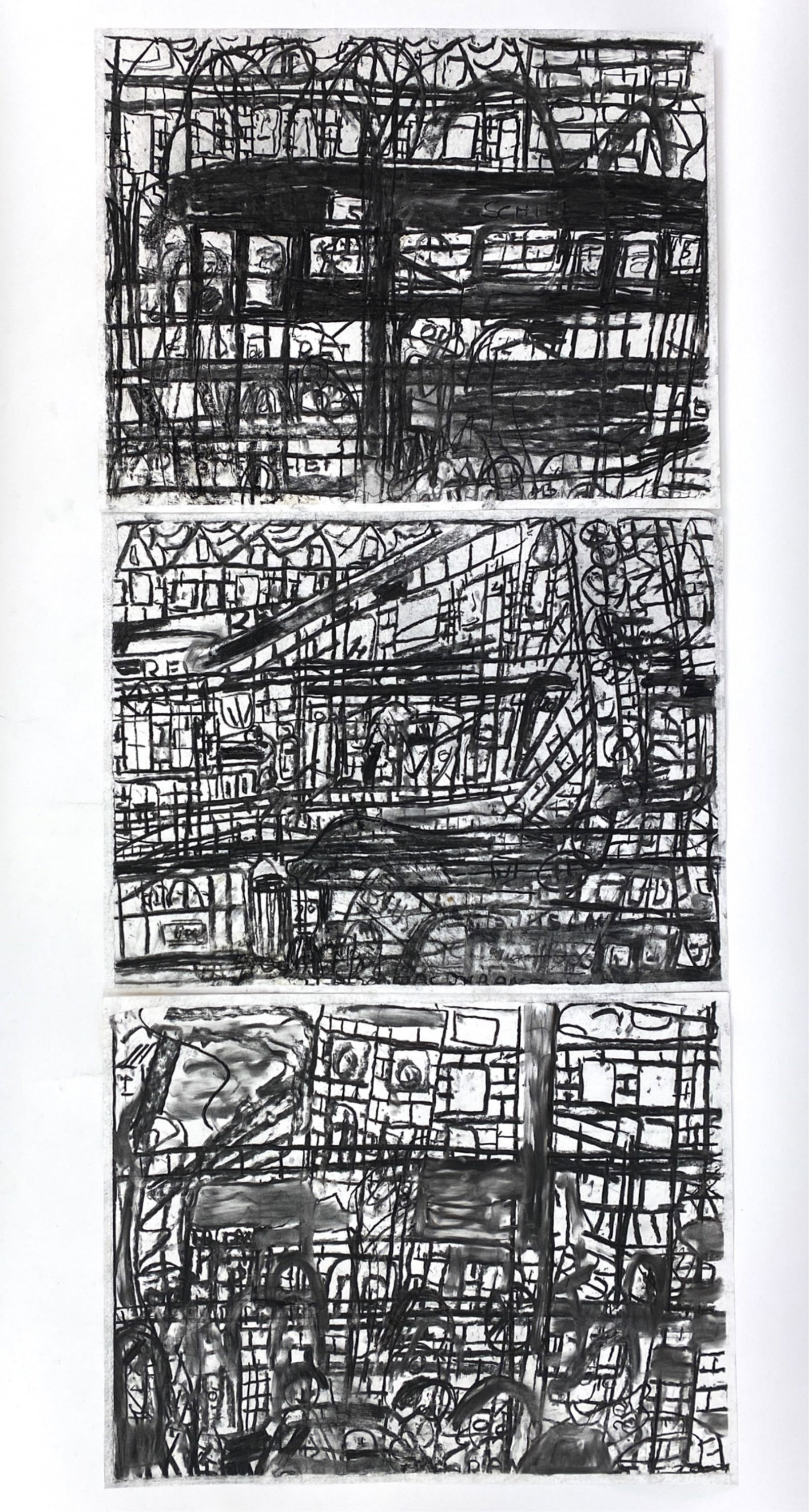 (3) JACO KRANENDONK, NETHERLANDS (B. 1951): Three charcoal on paper. Abstract city scenes. One signed along lower edge. Dimensions: H 19.75" x W 25.5" Condition: Some smudging and handling. Jaco Kranendonk was born and raised in Rotterdam, and 