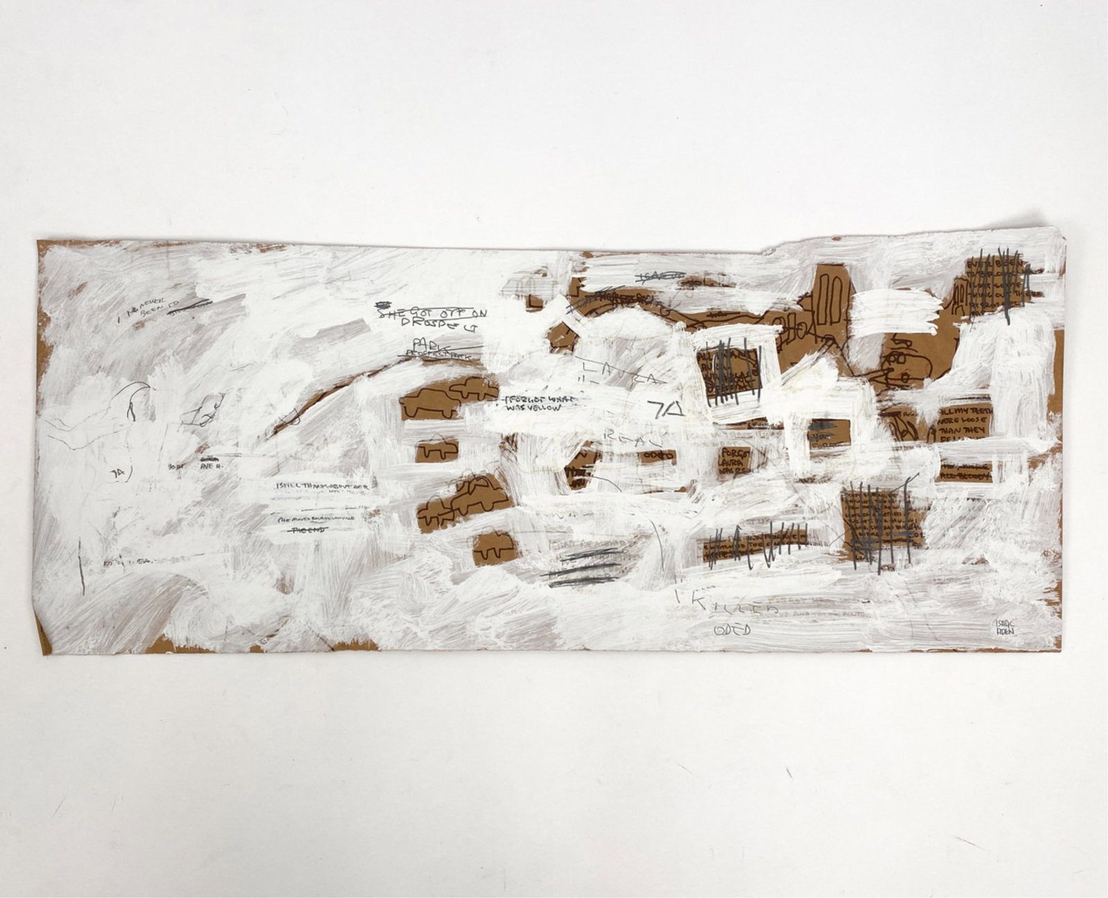 ISAAC ADEN MIXED MEDIA: Gouache, pencil, and marker on craft paper. Signed lower right. Dimensions: H 14.5" x W 36" Condition: Unevenly trimmed. Flattened from rolling. A few marks.