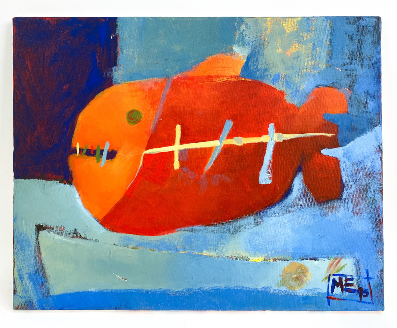 OUTSIDER ART ACRYLIC ON CANVAS: Signed M. Escandarani, dated 1995. Dimensions: H 16" x W 20" Condition: Short tear lower left quadrant.