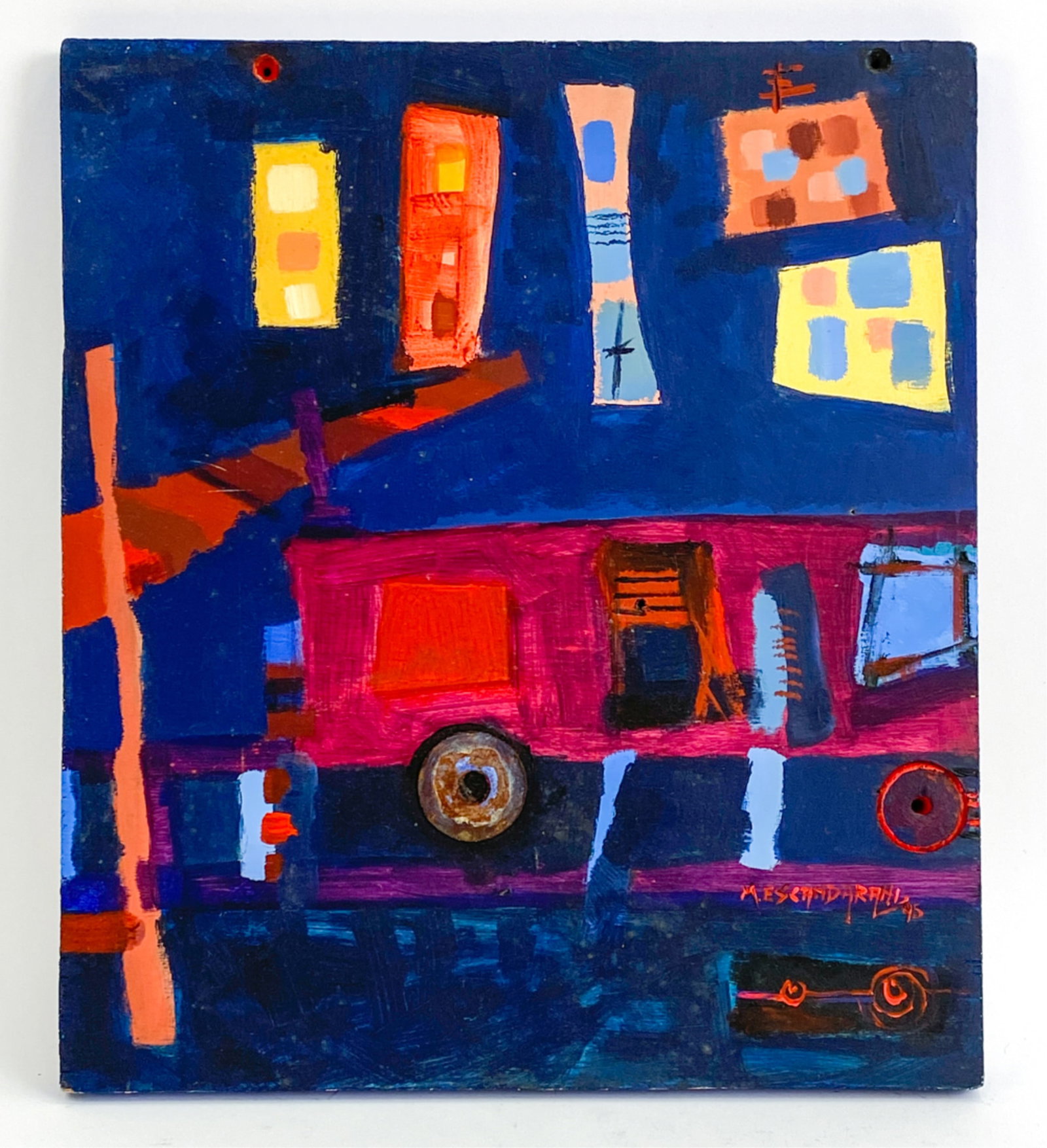 OUTSIDER ART ACRYLIC ON PANEL: Signed M. Escandarani. Dated '95. Titled verso. Dimensions: H 14.5" x W 12.5" Condition: One wheel missing. Marks to surface.