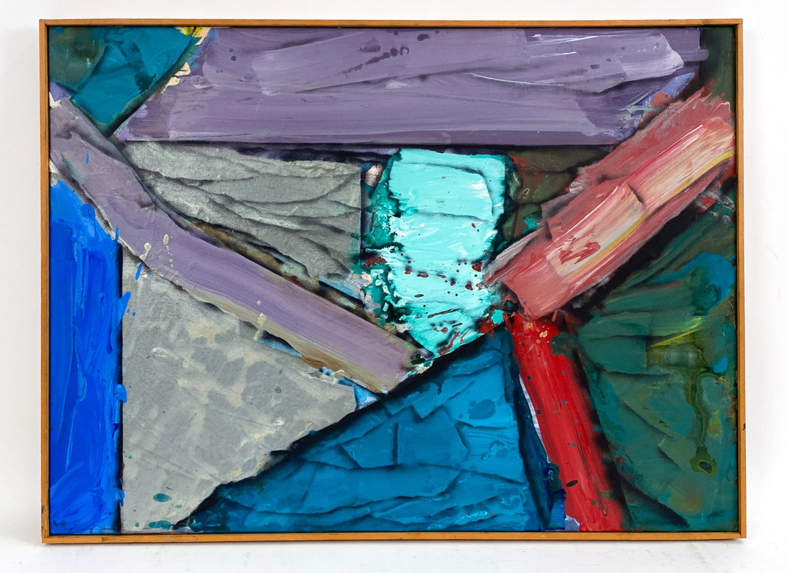 HERM FREEMAN ABSTRACT ACRYLIC ON CANVAS: Acrylic with metallic paint. Apparently unsigned. Stretcher with old label, possibly reused. Dimensions: (Frame) H 20.5" x W 27.5" Condition: Some surface marks.