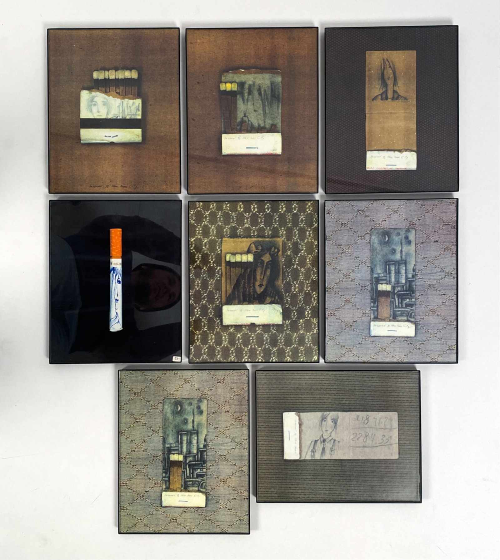 (8) SAZONOV PRINTS: Framed prints of matchbook art. Variety of mediums. Signed by the artist. Dimensions: (Frame) H 10" x W 8" Condition: Wavy in the frames.