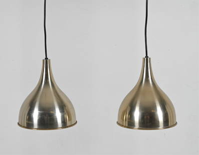 (2) JO HAMMERBORG FOG & MORUP SILHUET PENDANTS: Pair of small "Silhuet" pendant lights in brass-finished aluminum, designed by Jo Hammerborg for Fog & Morup, Denmark, c. 1970's. Dimension: H 8.5"x Dia 7.5" Scattered scuffs, rubs, and minor dents.