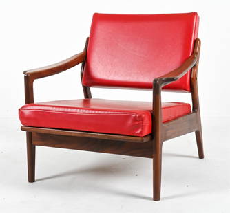 ATTR. LOUIS VAN TEEFFELEN TEAK ARMCHAIR C. 1960'S: Beautiful Mid-Century Modern easy chair in teak and red vinyl, with sculpted paddle-style armrests. Attributed to Louis van Teeffelen; Netherlands, c. 1960's. Dimensions: H 28.5" x W 28" x D 28" x SH