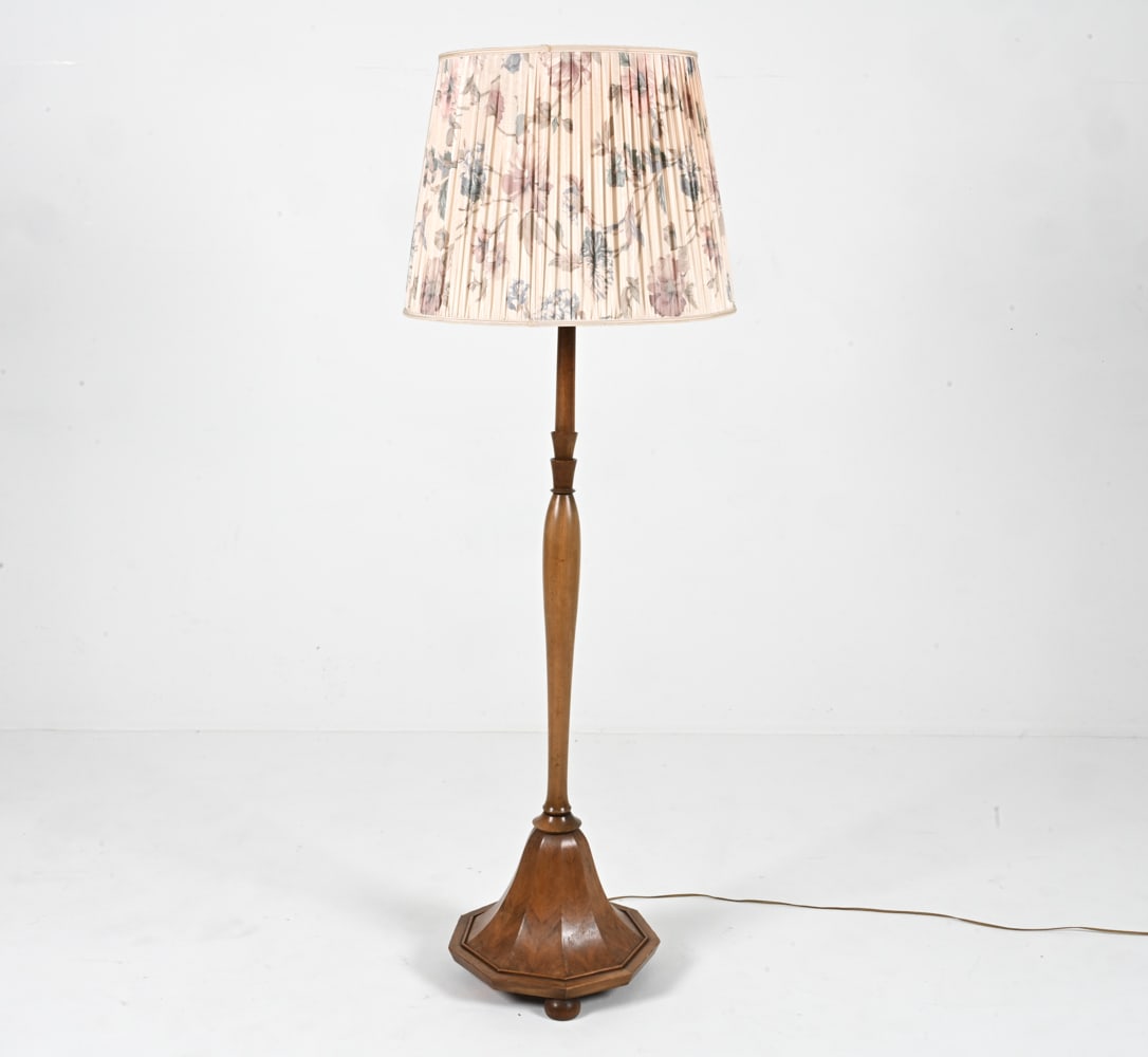 DUTCH ART DECO BEECH & BURLWOOD FLOOR LAMP: Turned beech and burled veneer. Netherlands, c. 1940's. Dimensions: (With shade) H 70" x Dia. 24" Condition: European plug; wiring not tested - will require rewiring or adapter for use in the U.S. Nic