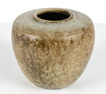 PIETER GROENEVELDT DUTCH BRUTALIST POTTERY VASE: Volcanic glaze. Signed "Pg / Made in Holland" with impressed mark and incised number 241 underneath. Dimensions: H 6" x Dia. 6.5" Condition: No issues to note. PD006