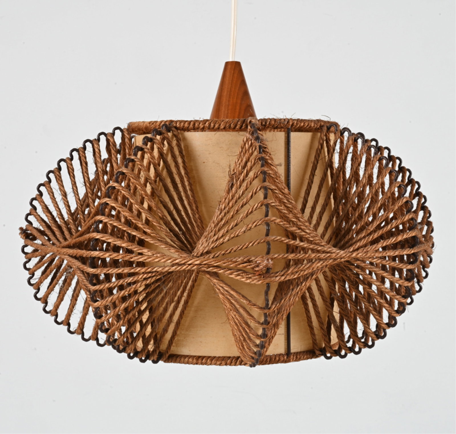MID-CENTURY TEAK & SISAL PENDANT LIGHT: European, c. 1950's-1960's. Dimensions: (Pendant only) H 12" x Dia. 17.25" Condition: Wiring not tested. Soiling to and minor dents to interior plastic diffuser. A few scuffs to teak. PD062