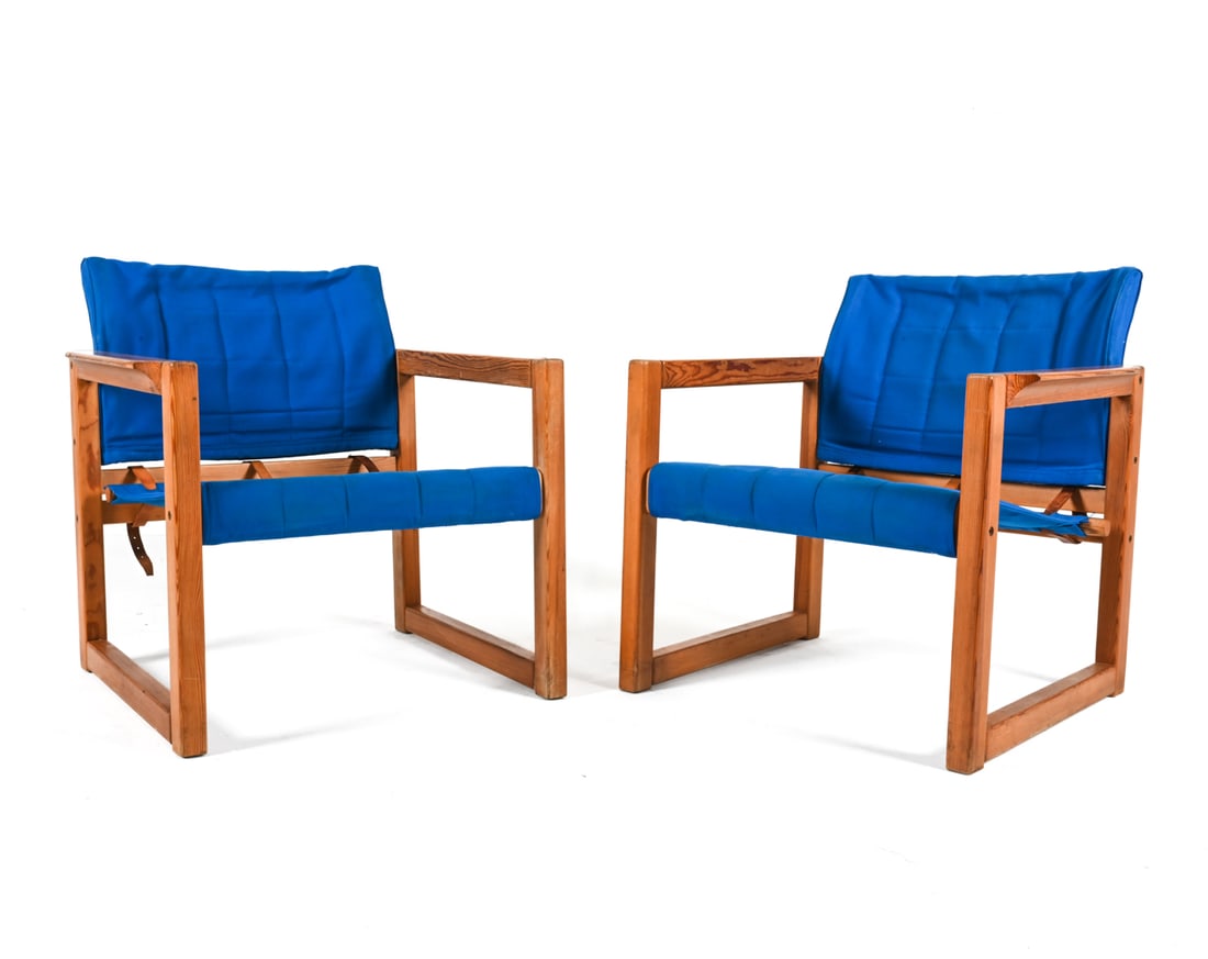 (2) J. G. STEENKAMER CREAFORT DUTCH SAFARI CHAIRS: Pair of safari-inspired chairs in pine, canvas and leather. Designed by J.G. Steenkamer for Creafort, the Netherlands, c. 1960's. Believed to be an inspiration for Karin Mobring's "Diana" chair. Dimen