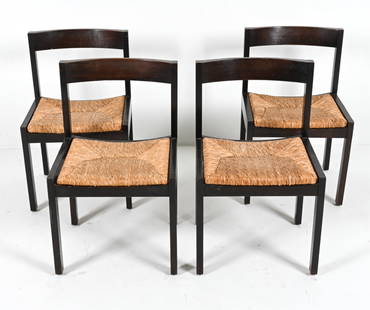 (4) MARTIN VISSER 'T SPECTRUM OAK DINING CHAIRS: With woven rush seats. Netherlands, c. 1960's. Dimension: H 30.25" x W 19" x D 20" x SH 17" Condition: A few nicks, dings and some minor finish losses. Wear consistent with age and use. PD054