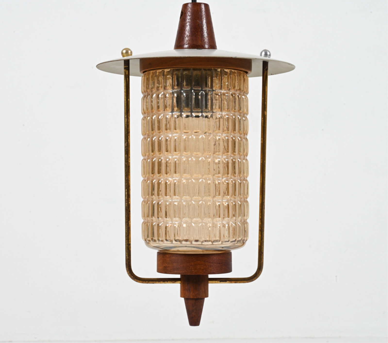 MID-CENTURY TEAK & PRESSED GLASS LANTERN PENDANT: Teak, pressed glass, matte- and brass-finished metal. European, c. 1960's. Dimensions: (Pendant only) H 11.75" x Dia. 7" ; Overall height (including pendant, cord and canopy) measures 36" Condition: W