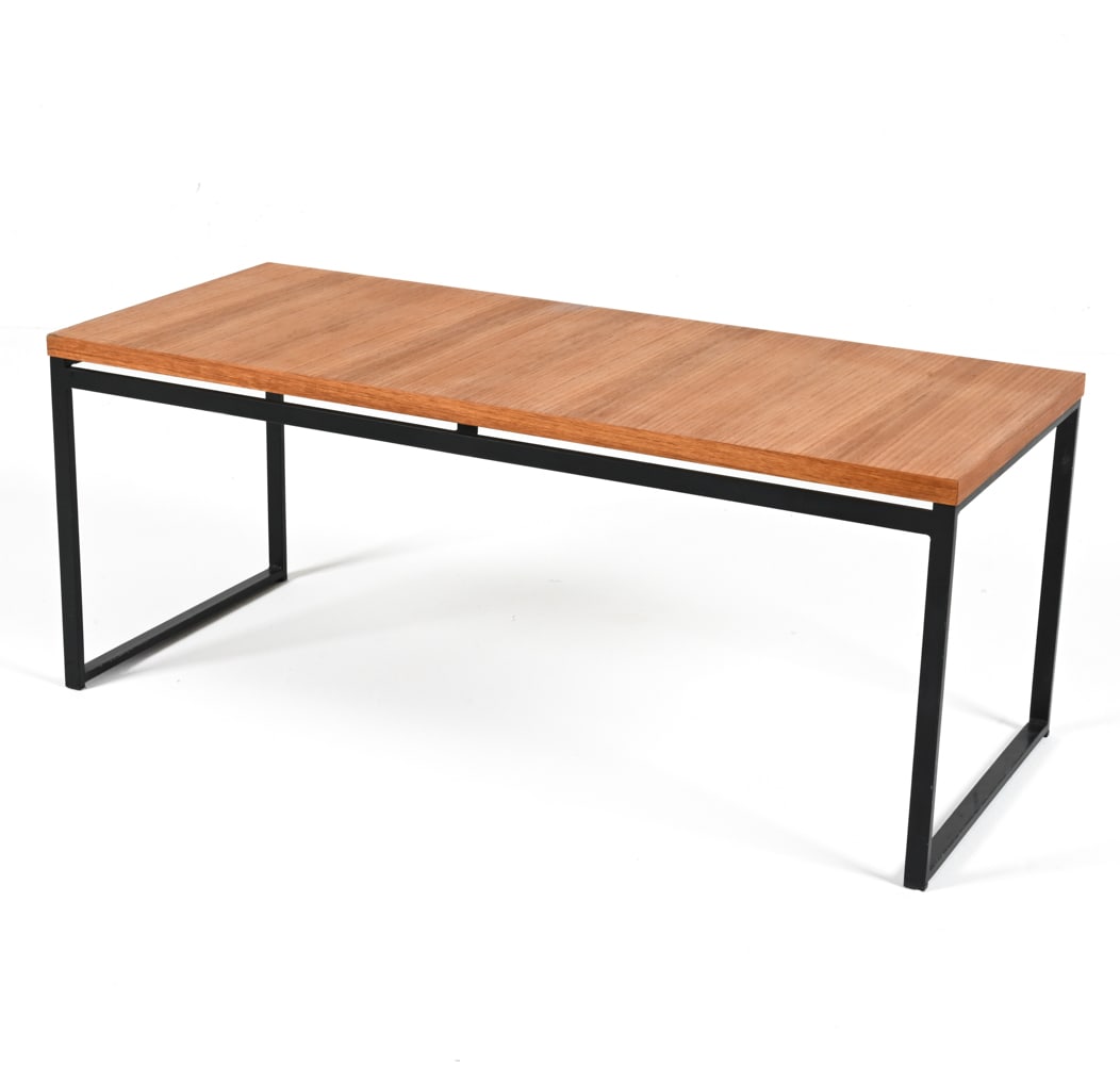 GERMAN MINIMALIST TEAK & METAL PETITE COFFEE TABLE: Labeled Aug Stolle & Sohn underneath. Dimensions: H 15" x W 37.5" x D 15.75" Condition: Presents well overall. Indents and a few shallow gouges to top; small chip to one corner. Minor finish losses to