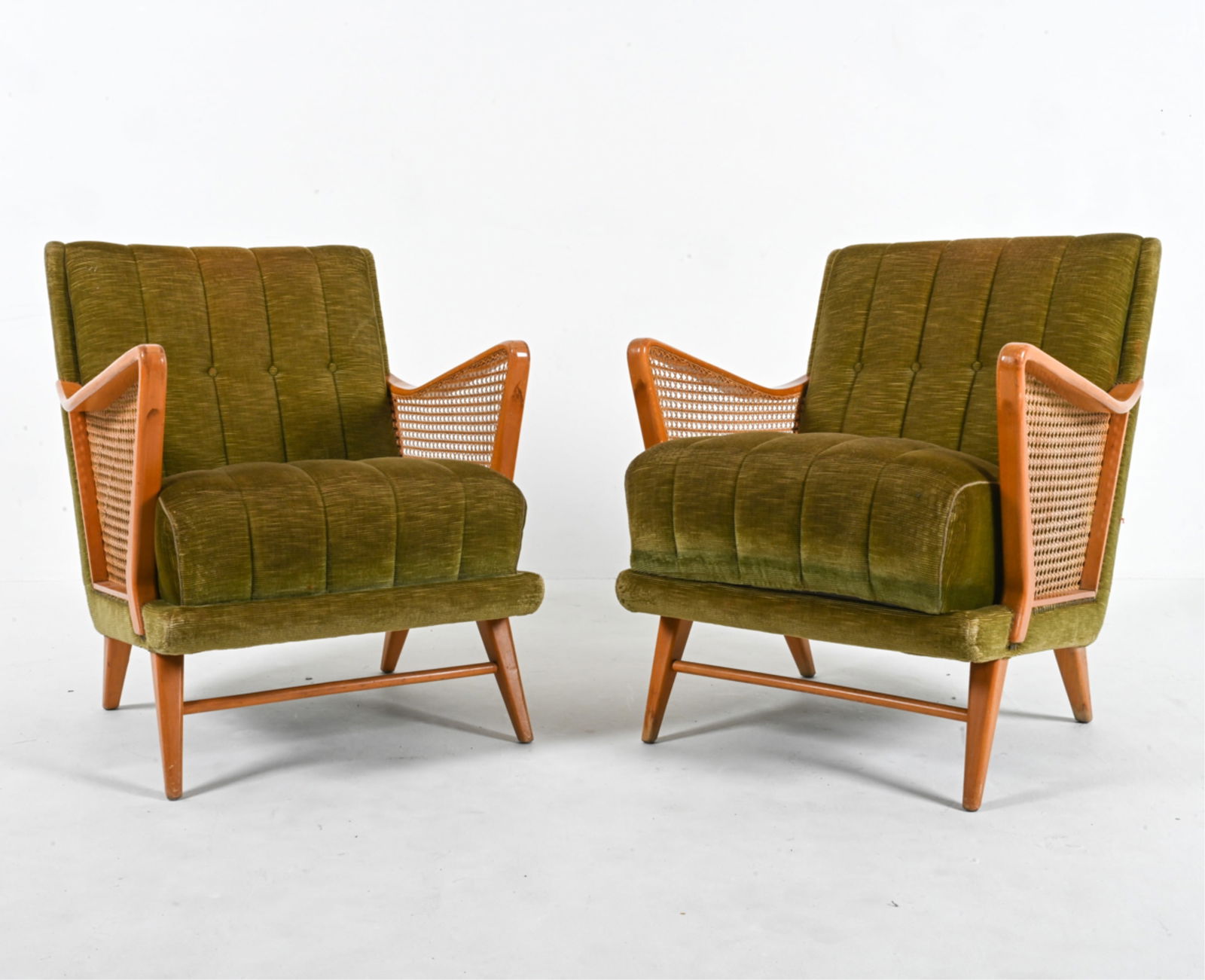 PAIR OF 1950'S EASY CHAIRS IN BEECH, CANE & MOHAIR (1 of 19)