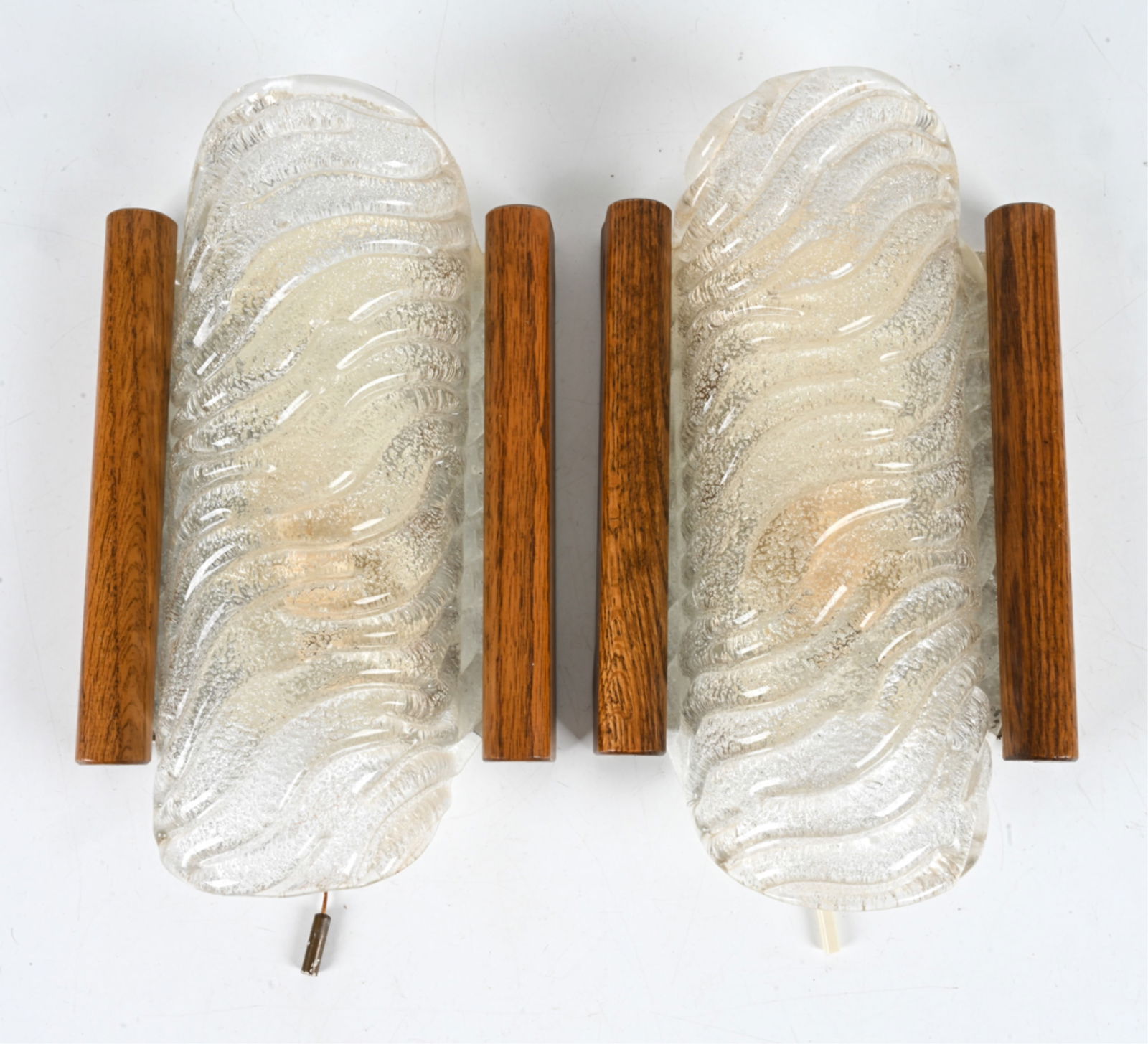PAIR OF GERMAN OAK & ICE GLASS SCONCES, C. 1970'S (1 of 19)
