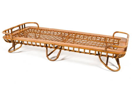 ROHE NOORDWOLDE DUTCH RATTAN DAYBED, C. 1950'S: Riviera-style daybed frame in pole rattan and beech, produced by Rohe Noordwolde, Netherlands, c. 1950's. Dimensions: (Exterior) H 14" x W 77" x D 32.75" x Platform height 11.5" ; (Interior, for cushi