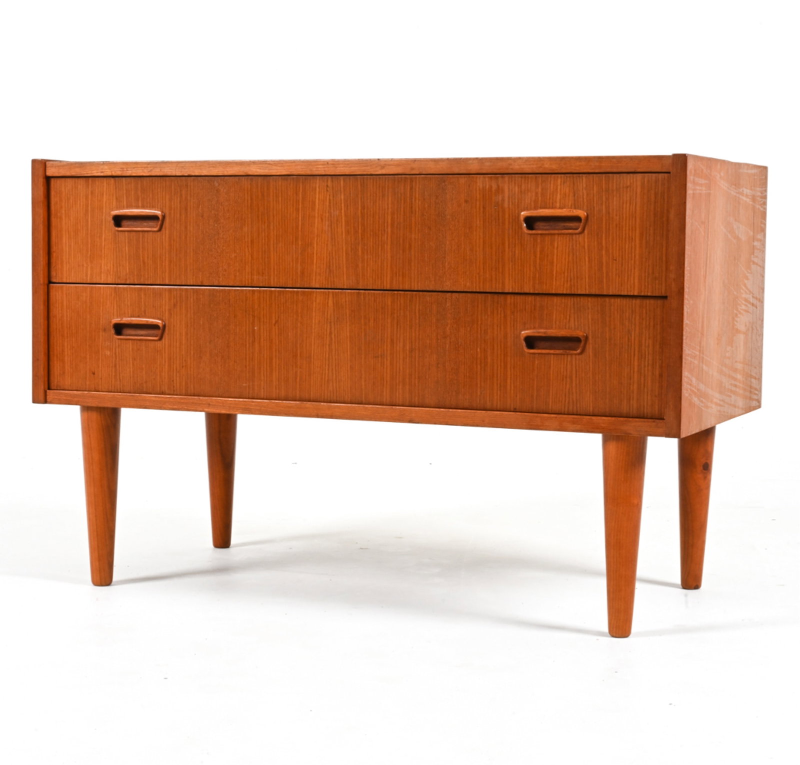 DANISH MID-CENTURY TEAK HALL CHEST: Dimensions: H 23" x W 35.5" x D 17.25" Condition: Water soiling and fading to top. Wear consistent with age and use. 043