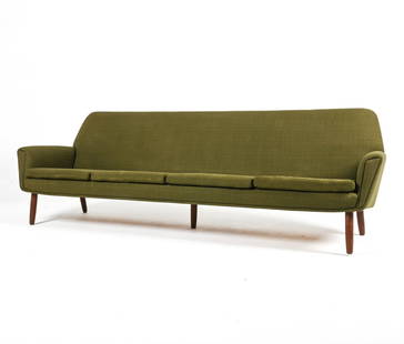 DANISH MID-CENTURY SOFA; MANNER OF GEORG THAMS: Rare four-seat sofa in the manner of Georg Thams' 64 series for Vejen Polstermobelfabrik. With teak legs. Denmark, c. 1950's-1960's. Dimensions: H 30.5" x W 93.5" x D 31.25" x SH 16" Condition: Great