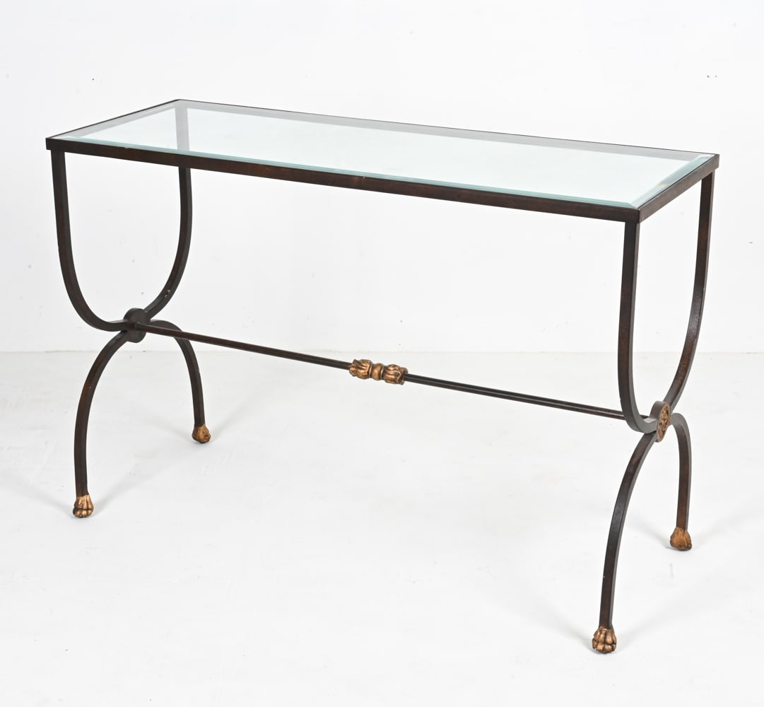 CURULE-STYLE METAL & GLASS CONSOLE TABLE (1 of 18)