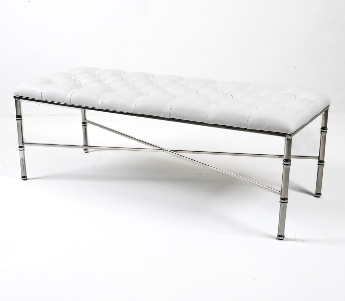 CHROME FAUX-BAMBOO & TUFTED LEATHERETTE BENCH (1 of 17)
