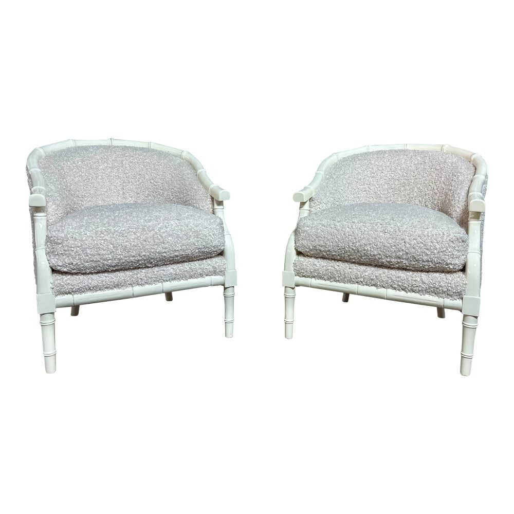 PAIR HOLLYWOOD REGENCY FAUX BAMBOO CLUB CHAIRS: Pair of Hollywood Regency Style Club Chairs reupholstered in new off-white boucle type upholstery. Lovely Bergere white lacquered faux wood bamboo armchairs. These chic and comfortable club chairs hav