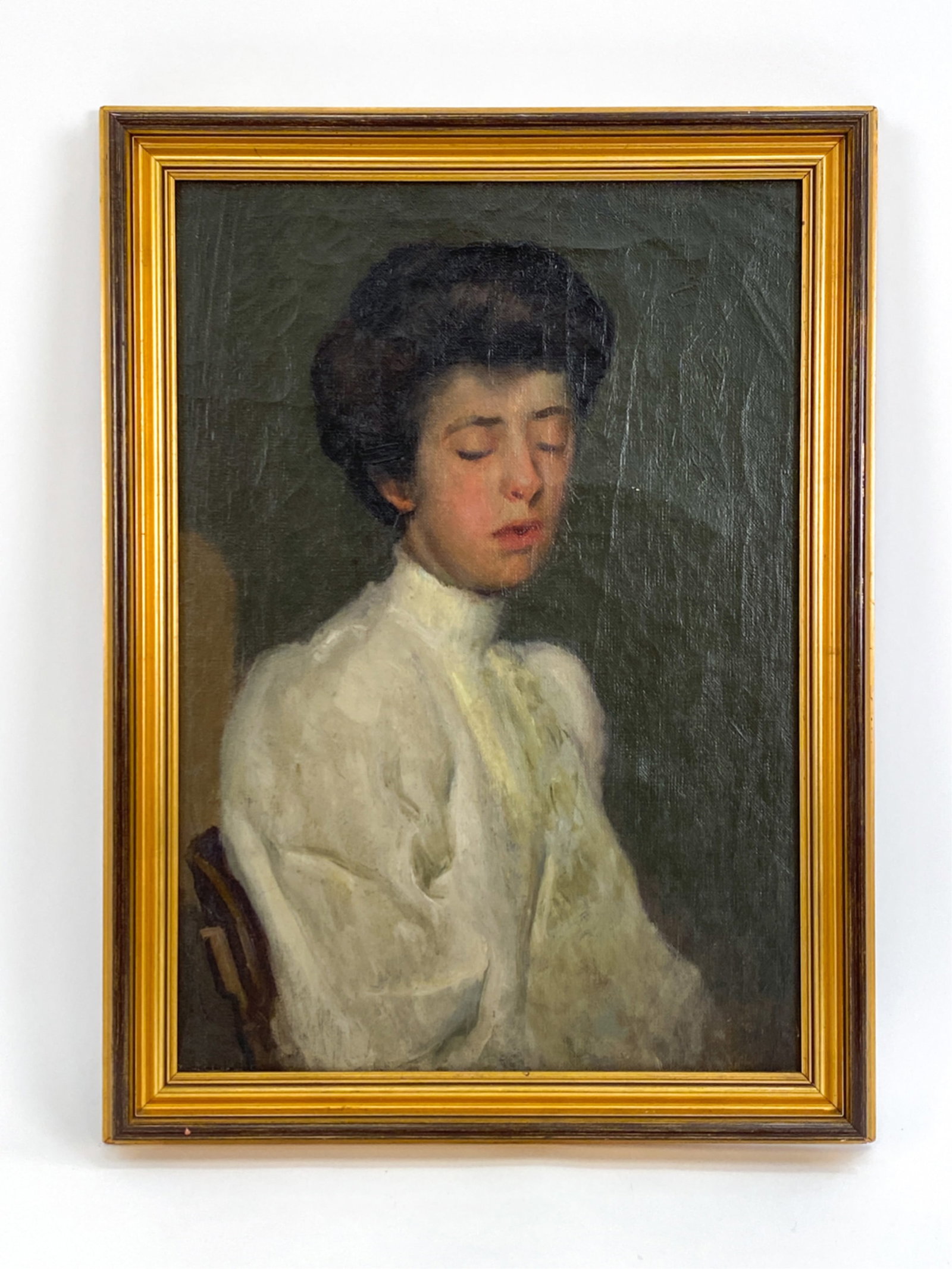 SAMUEL B BAKER (1882-1967) PORTRAIT OIL ON CANVAS: Boston school oil on canvas portrait of a young woman. With estate stamped verso, A. I. Dolan, Samuel B Baker. Dimensions: (Frame) H 27.5" x W 21" (Sight) H 24" x W 17" Condition: painting with crinkl
