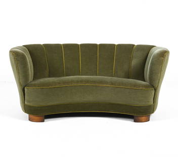 SLAGELSE MOBELVAERK BANANA COCKTAIL SOFA IN MOHAIR: With beech wood legs. Denmark, c. 1940's-1950's. Dimensions: H 26" x W 64" x D 34" x SH 14" Condition: Minor fading, a few faint spots of soiling and rubs fabric pile. A few nicks and scuffs to legs.