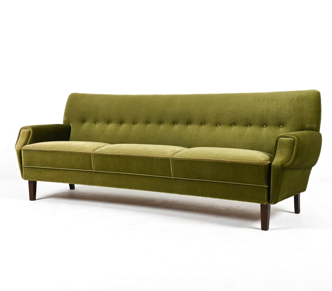DANISH MOHAIR & BEECH CURVED SOFA, C. 1960'S (1 of 17)