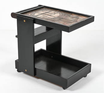 GANGSO MOBLER OAK BAR CART WITH OX ART TILES: Serving trolley in black-painted oak, with studio ceramic tiles by Ox Art. Possibly a Poul Poulsen design. Signed "Ox Art" at corner of one tile; stamped Gangso underneath. Denmark, c. 1960's. Dimensi