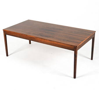 DANSIH MINIMALIST ROSEWOOD COCKTAIL TABLE, 1960'S: Stamped "O.L. No.-2" underneath. Dimensions: H 19.75" x W 53" x D 27" Condition: Presents well overall. Faint scratching and indentations to top, a few small water spots, slight crazing to wood varnis