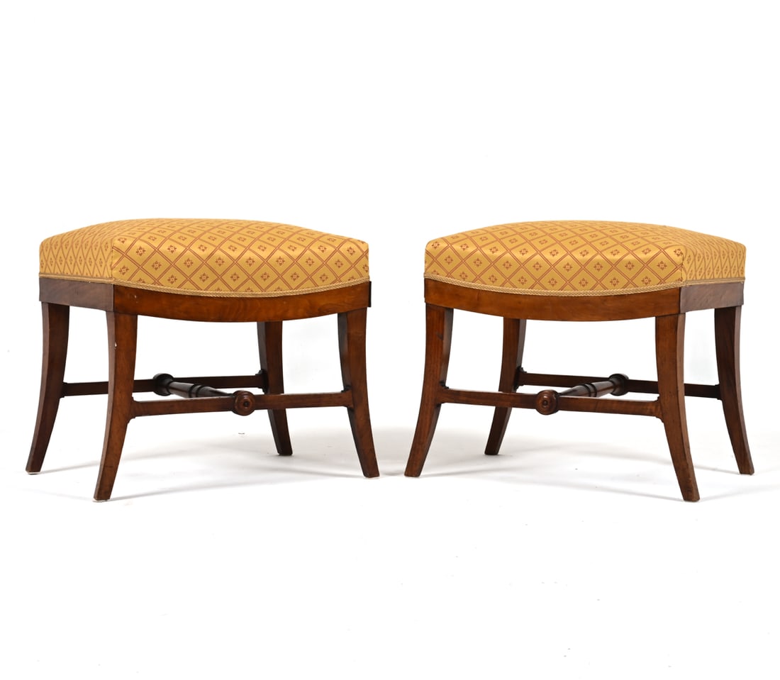 (2) DANISH MAHOGANY & SILK OTTOMANS/STOOLS, 1940'S (1 of 16)