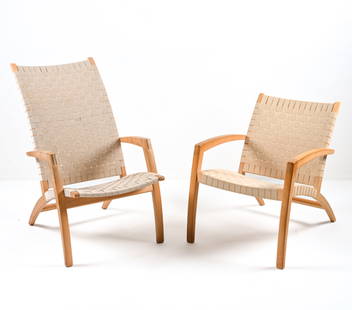 (2) MORTEN GOTTLER DANISH MODERN "LUNA" ARMCHAIRS: Designed by Morten Gottler for Findahls Mobelfabrik and Vejle Mobelsnedkeri. Denmark, c. Late 20th Century. Dimensions: (Larger) H 39" x W 24.25" x D 34" x SH 16" Condition: A few areas of finish loss