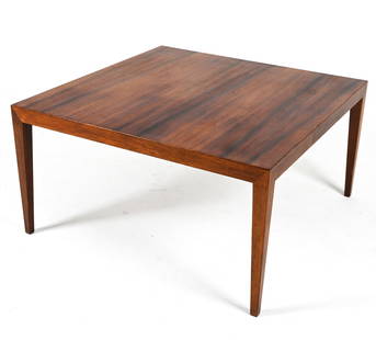 SEVERIN HANSEN FOR HASLEV ROSEWOOD COFFEE TABLE: Labeled underneath. Denmark, c. 1970's. Dimensions: H 19.75" x W 37.5" x D 37.5" Condition: Minor sun fading; scattered dings and scuffs. Light wear consistent with age and use. J191