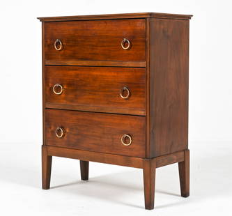 DANISH CABINETMAKER MAHOGANY PETITE CHEST: Nightstand or petite chest of drawers. Denmark, c. 1960's. Dimensions: H 26.75" x W 21.5" x D 10.5" Condition: Presents very well overall. Minor fading. Scattered dings and scuffs; a few faint water s