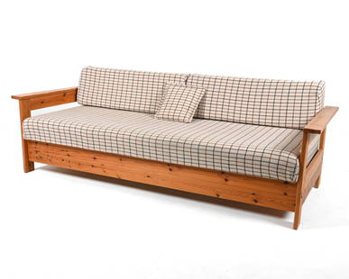 SCANDINAVIAN MODERN PINE DAYBED-SOFA: c. 1980's. Dimensions: H 30.25" x W 86" x D 34.5" x SH 17" Condition: Minor joint separation, some sun fading to wood. Light soiling to fabric. Overall light wear consistent with age and use. J059