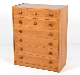 DANISH MODERN PINE CHEST OF DRAWERS, C. 1970'S: Dimensions: H 39.75" x W 31.5" x D 15.75" Condition: Minor sun fading, scattered nicks, dings and scuffs throughout. A few water spots to top; a few small chips to bottom corners. J014