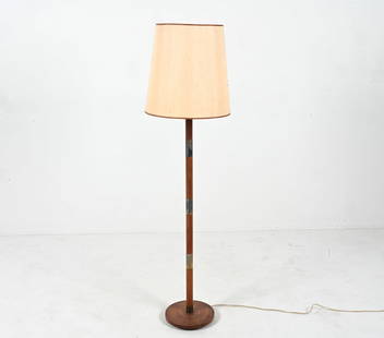 JO HAMMERBORG FOR FOG & MORUP TEAK FLOOR LAMP: Denmark, c. 1960's. Dimensions: (With shade) H 57.75" x Dia. 16" Condition: Cord cut; lamp will require rewiring. Presents very well overall. Patination and minor surface tarnish to metal; a few dings