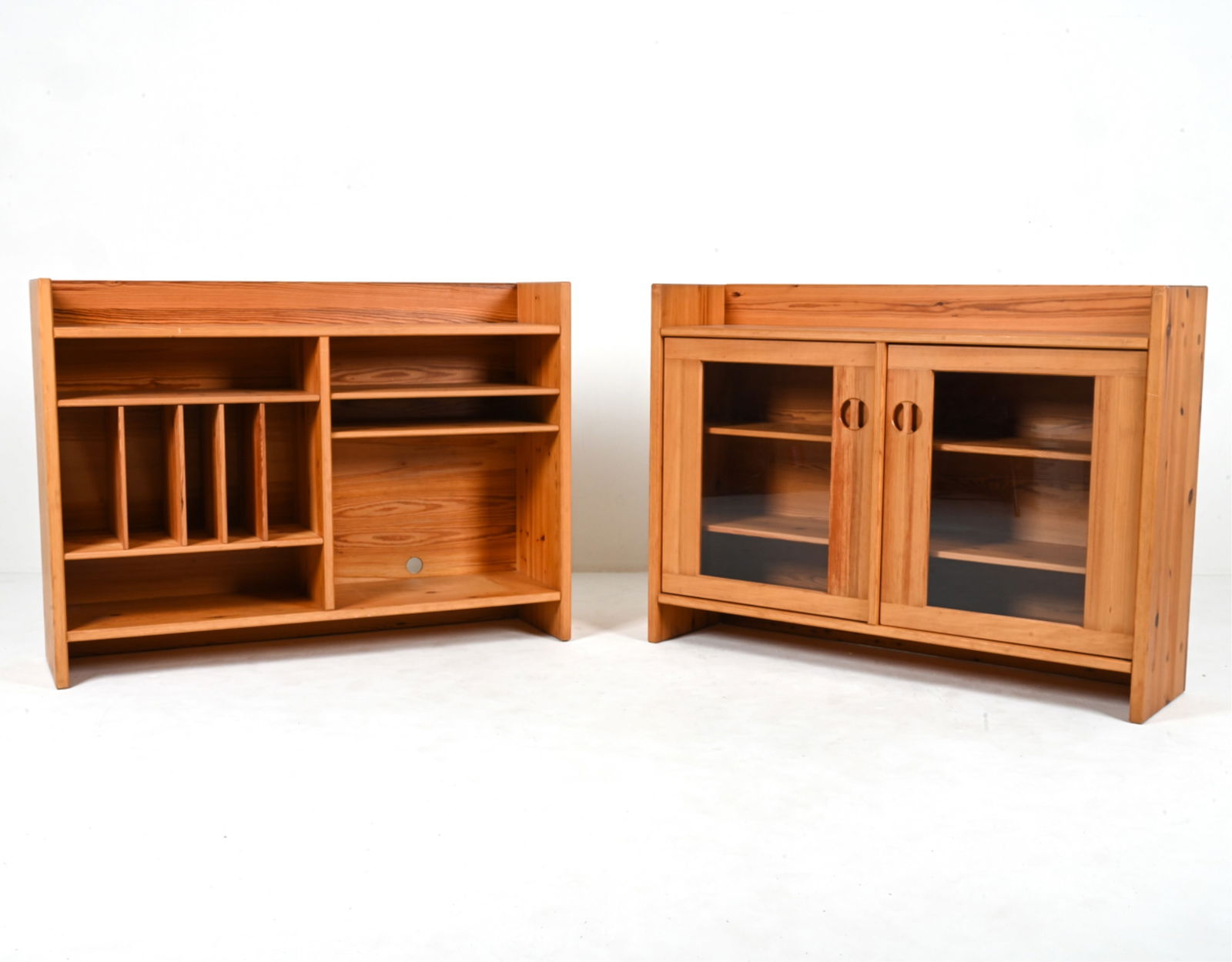 (2) KARL ANDERSSON SWEDISH PINE CABINETS, 1970'S: Labeled Karl Andersson & Soner on back panel. Possibly designed by Roland Wilhelmsson. Sweden, c. 1970's. Dimensions: H 37.5" x W 51" x D 13.5" Condition: Cabinets present very well overall. Light sur