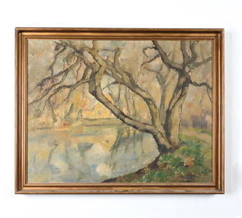 DANISH IMPRESSIONIST O/C, SIGNED & DATED 1932: Signed indistinctly and dated 1932 lower right. Dimensions: (Frame) H 24" x W 29.5" ; (Painting) H 21.5" x W 27.5" Condition: Painting with surface grime and spots of soiling. Nicks and finish losses