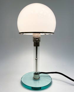 WILHELM WAGENFELD TECNOLUMEN BAUHAUS TABLE LAMP: Model 24 "Bauhaus Lamp", designed by Wilhelm Wagenfeld and Carl Jakob Jucker in 1924. This example is a licensed contemporary production by the German company Tecnolumen. Nickel-plated metal with