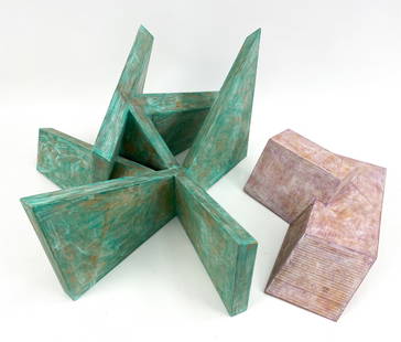 (2) GARTH EVANS WOOD SCULPTURES C.1980S: Two Geometric wood sculptures by Artist Garth Evans (British, b. 1934). Plywood with painted surfaces. Both signed G. Evans and titled. Circa 1980s. Dimensions: (Larger) H 15" x W 26" x D 26" Conditio