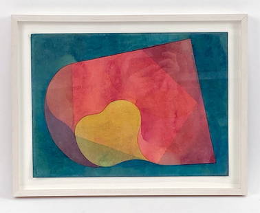 GARTH EVANS ABSTRACT WATERCOLOR GEOMETRIC SHAPES: Apparently unsigned, float mounted. Dimensions: (Frame) H 14" x W 18" Condition: Pin holes at corners of paper.