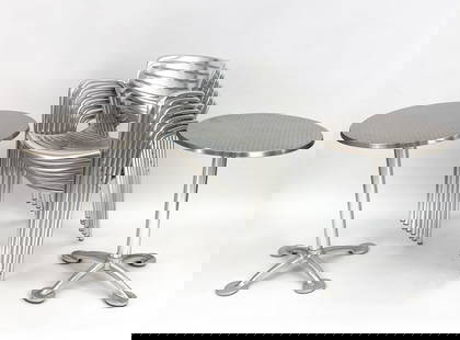 JORGE PENSI FOR KNOLL & AMAT3 CAFE TABLES & CHAIRS: (8) "Toledo" aluminum stacking armchairs and (2) "Pensi" cafe tables with acid-etched stainless steel tops and polished aluminum bases. Designed by Jorge Pensi for Knoll and Amat3. Suitable for indoor
