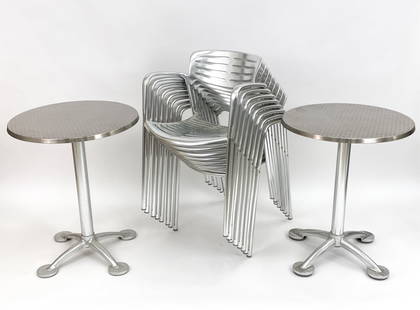 JORGE PENSI FOR KNOLL & AMAT3 CAFE TABLES & CHAIRS: (8) "Toledo" aluminum stacking armchairs and (2) "Pensi" cafe tables with acid-etched stainless steel tops and polished aluminum bases. Designed by Jorge Pensi for Knoll and Amat3. Suitable for indoor