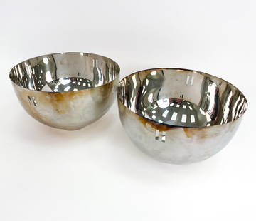 PAIR RICHARD MEIER SWID POWELL SILVERPLATE BOWLS: Designed by Richard Meier for Swid Powell; c. 1980's. Signed underneath. Dimensions: H 6" x Dia. 10" Condition: Handling marks, surface tarnish.