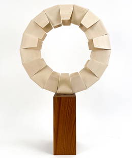 DEAN PULVER CONTEMPORARY WOOD SCULPTURE 2016: Sculpture by artist/craftsman Dean Pulver. Carved and stained bleached basswood mounted on a walnut stand. Underneath stand initialed, dated, titled. Dimensions: (Overall) H 26.5" x W 17" x D 6.5" Con