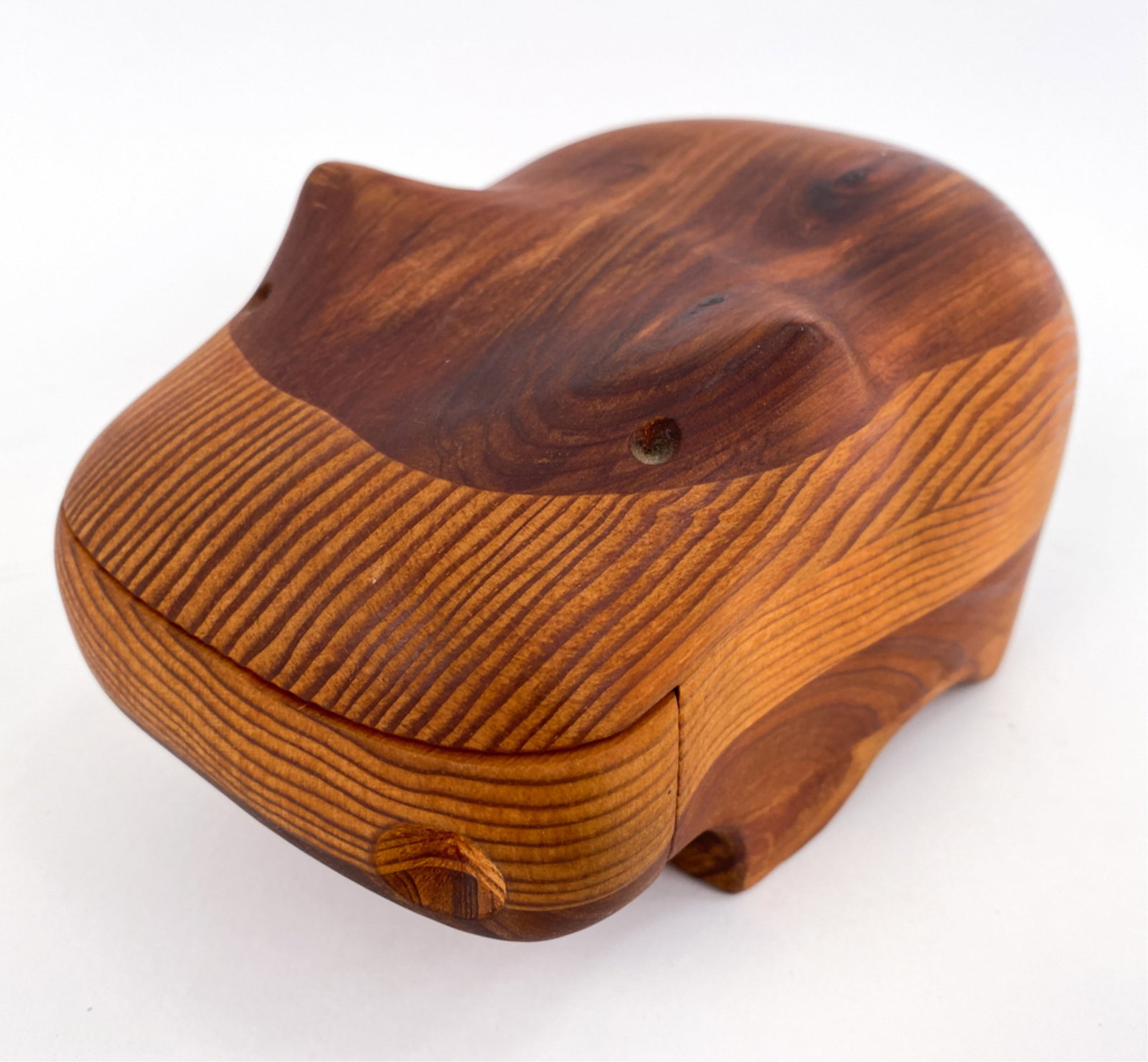 DEBORAH D. BUMP HIPPO TRINKET BOX: Mid-Century hippo shape jewelry/trinket box designed by Deborah D. Bump. Impressed mark under. Dimensions: H 4.5" x W 5.5" x D 7.5" Condition: Minor surface wear consistent with age and use.