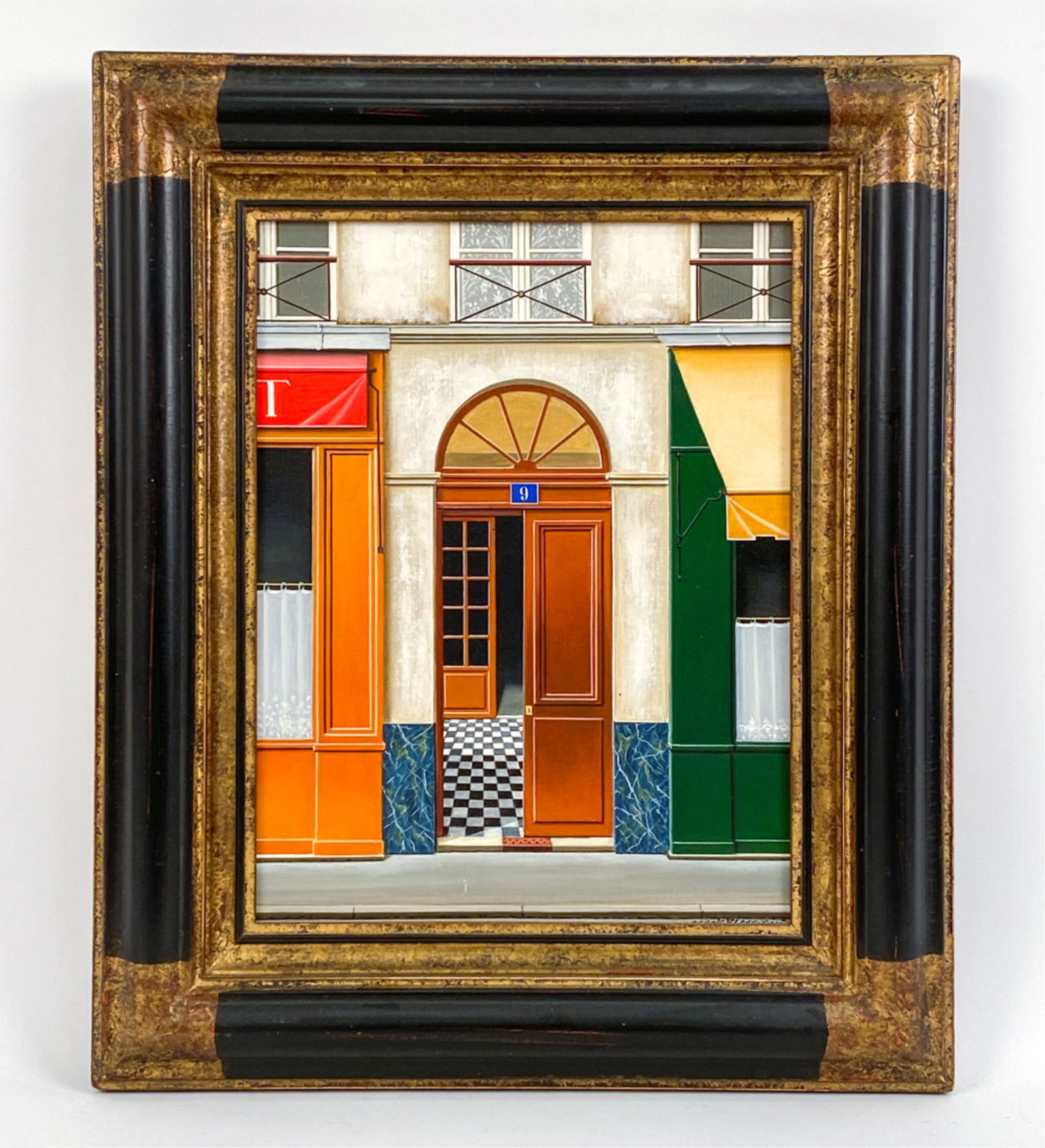 ANGELO MOZZICONACCI DOORWAY ACRYLIC ON CANVAS: Acrylic on canvas of a Parisian with door open. signed lower corner. verso with signature and title. Dimensions: (Frame) H 19" x W 16" (Sight) H 13.75" x W 10.75" Condition: Painting with one or two s