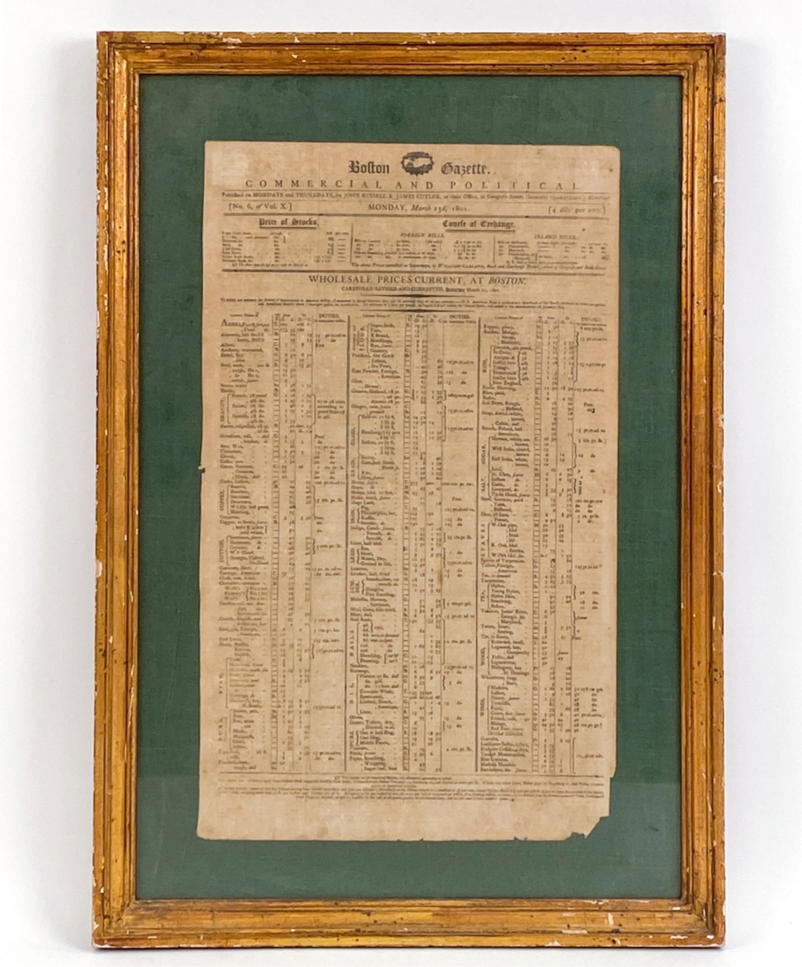 1801 BOSTON GAZETTE BUSINESS COMMODITY QUOTES: Sheet with wholesale commodity prices, stock and bond quotes. Prices, duties per unit. Under glass, unexamined out of frame. Dimensions: (Frame) H 26" x W 17.75" (Paper) H 20" x W 12" Condition: Exten