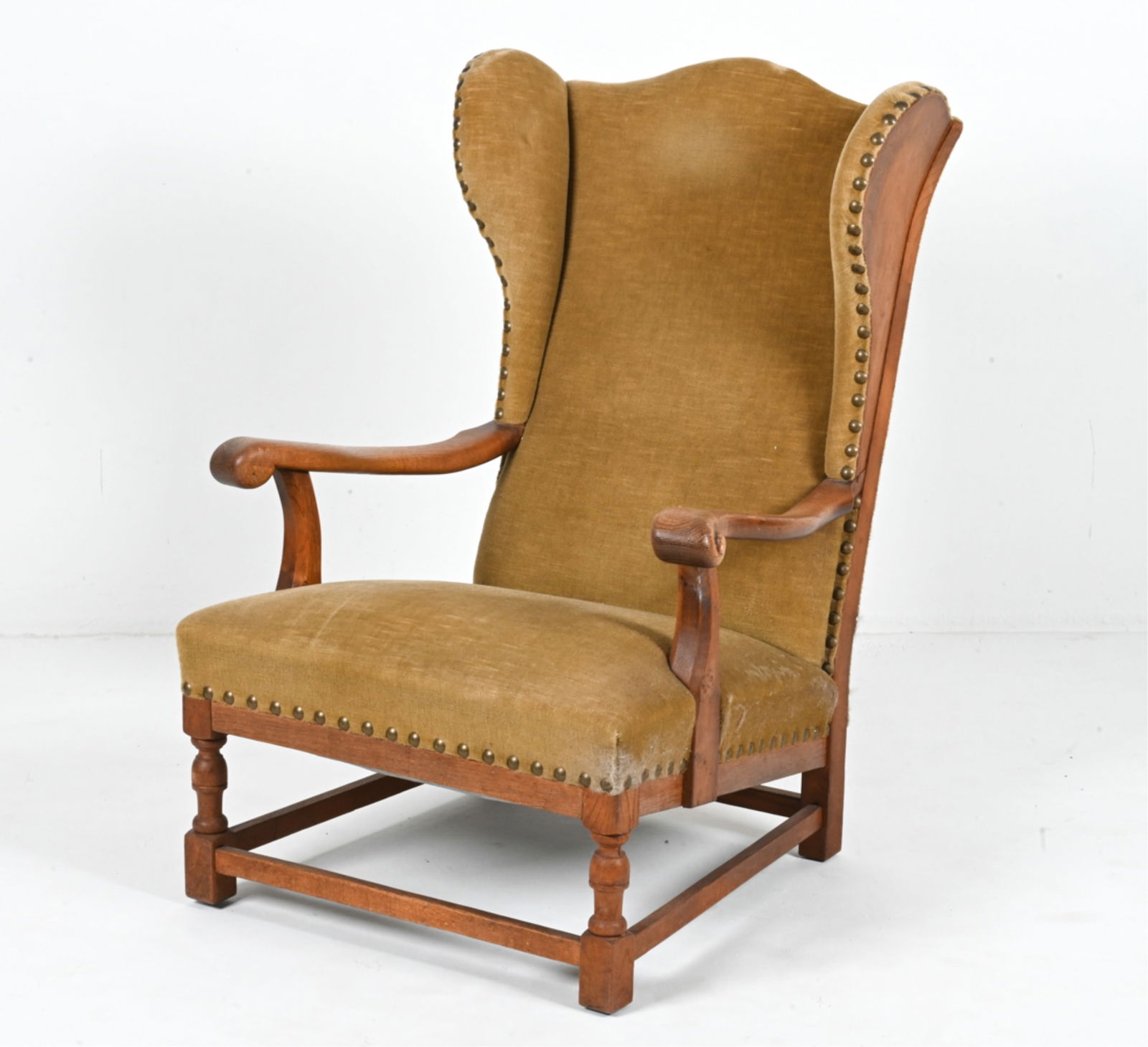 DANISH OAK & MOHAIR COUNTRY WINGBACK CHAIR: c. 1960's. Dimensions: H 40.25" x W 30" x D 32.75" x SH 16" Condition: Minor water spots, scuffs and rubs to wood. Some discoloration and balding to fabric pile. Wear consistent with age and use.