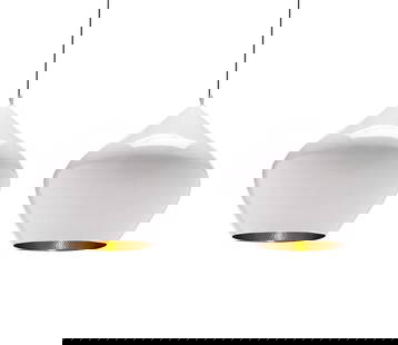 PAIR OF TOM DIXON OVERSIZED "BEAT STOUT" PENDANTS: Hand-spun brass, with white gloss enamel exterior finish. Contemporary. Dimensions: H 29" x Dia. 20.5" Condition: Wiring not tested. A few light scuffs to enamel.