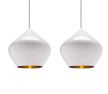 PAIR OF TOM DIXON OVERSIZED "BEAT STOUT" PENDANTS: Hand-spun brass, with white gloss enamel exterior finish. Contemporary. Dimensions: H 29" x Dia. 20.5" Condition: Wiring not tested. A few light scuffs to enamel.